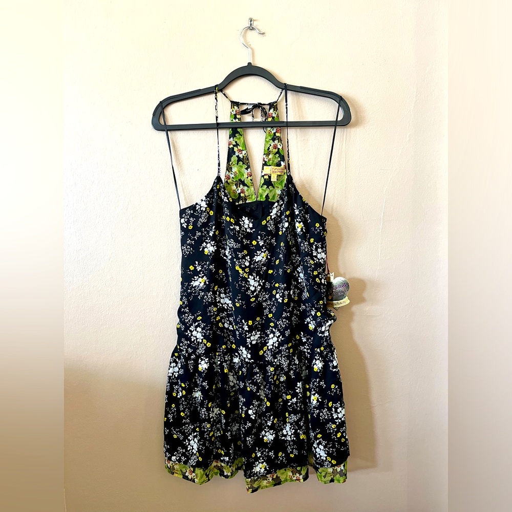 NWT Princess Vera Wang Battersea Flounce Hem Black Green Floral Mini Dress S